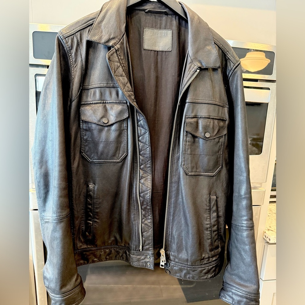 All Saints Black Leather Shirt Jacket
